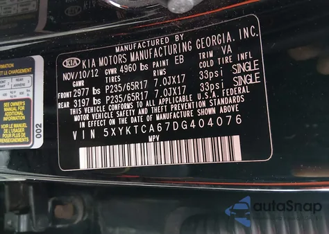 2013 Kia Sorento Lx z USA, uszkodzony, nr VIN 5XYKTCA67DG404076
